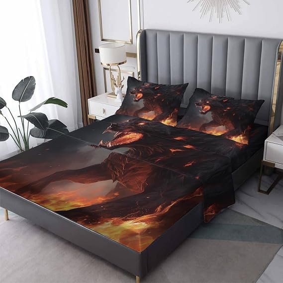 Cal King Sheet Set Fantasy Wolf - Fire Wolf Bed Sheets - Wolves Sheet Set - 14 Inch Deep Pocket - Ultra Soft Winkle Free Microfiber Bedding Sheets & Pillowcases 4 Piece