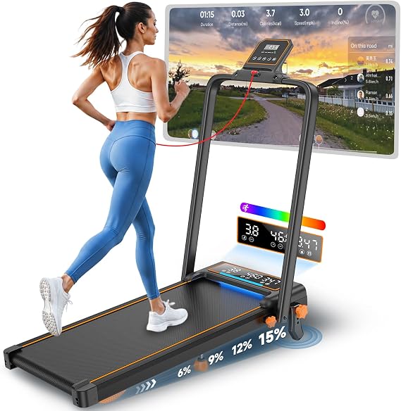 Walking Pad Treadmill with 15% Incline & Dual LED Display, 4 in 1 Walking Pad with Handle Bar, 3.5HP Foldable Treadmill with Incline, Treadmills for Home 350LBS, 4 Adjustable Incline, RGB Light