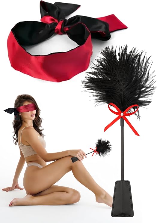 Feather Tickler French Crop Adult Play 15" Blindfold Satin Mask 59" for Women, Bedroom Role Play Couples Cosplay