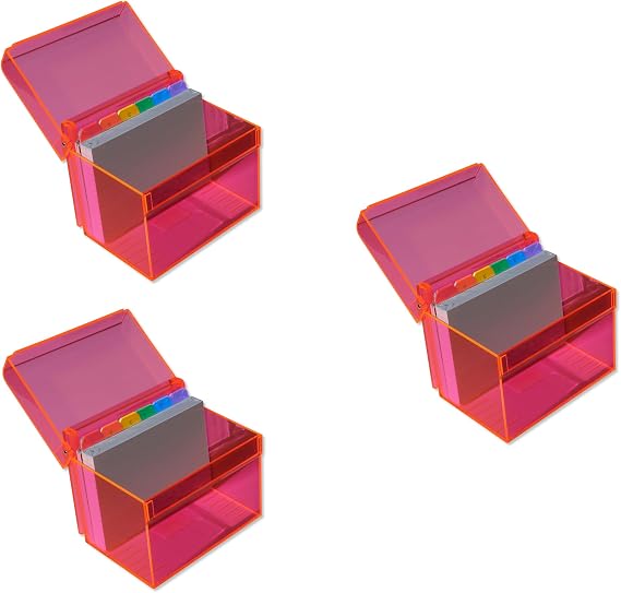 Osco Medium Neon Acrylic Index Box, 3 Pack, A to Z Divider Tabs, 100 Lined Revision Cards, Ruled Flash, Recipe Notes, Office Contacts Filing, Holds 6" 4" card (148 105 mm)