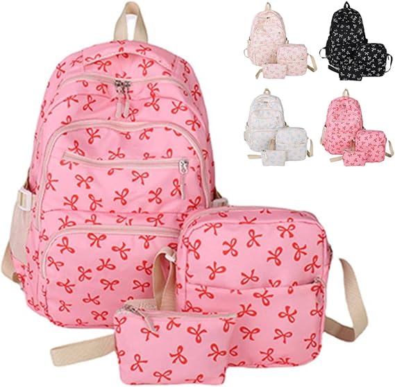 3 Piece Bow Backpack Set for Girls, Preppy Daypack & Shoulder Bag Handbags, Kawaii School Bags Floral Preppy Backpack, Kawaii Bow Nylon Rucksack, For Teen, College, Primary and Secondary (Red)