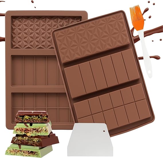 3-in-1 Chocolate Moulds Silicone, 2PCS 3 Patterns Deep Chocolate Bar Moulds, Non-Stick and Durable Valentine Chocolate Maker with Oil Brush and Scraper for Gift-DIY and Daily Baking.