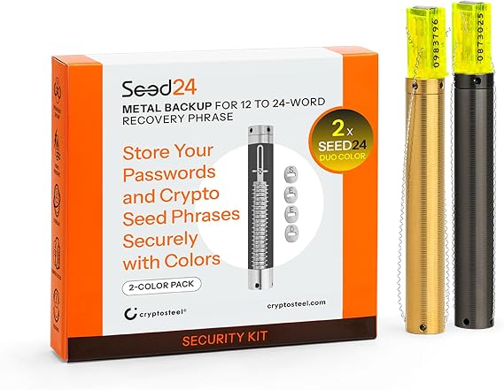 Cryptosteel Metal Backup - Seed24 DUO Security NEXT GEN | Secure 24-Word Seed Phrase & Private Keys | Stainless Steel, Tamper-Evident, Compatible with Ledger, Trezor, Coldcard (noir/spark yellow)
