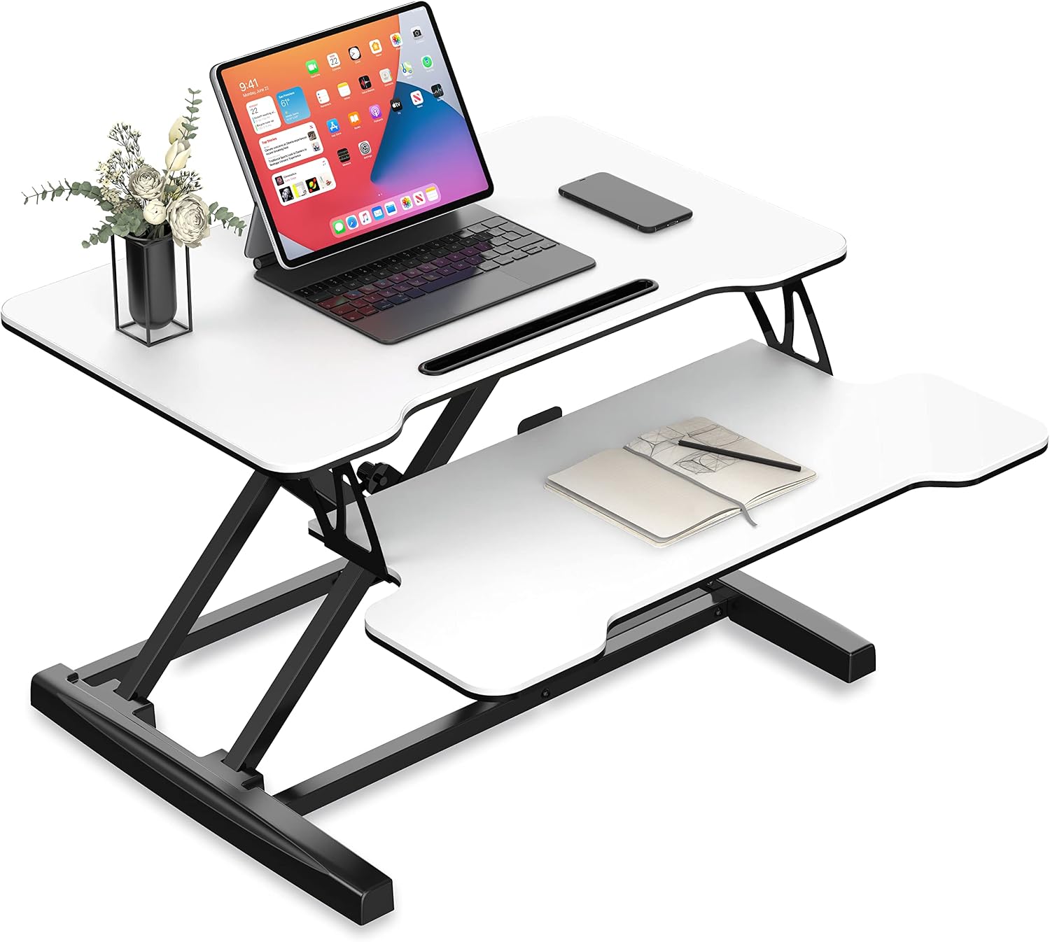 FITUEYES Standing Desk Converter 64cm Height Adjustable Sit Stand Desk with Keyboard Tray and Phone Holder for Laptop Computer Monitor,White