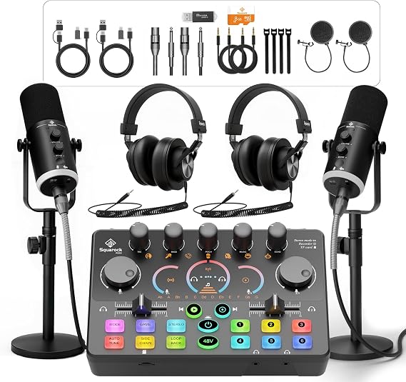 Podcast Equipment Bundle for 2, Dynamic XLR/USB Gaming Microphone & Streaming Audio Mixer with RGB Lights, Perfect for Podcast, Recording, Video Vocal, PC