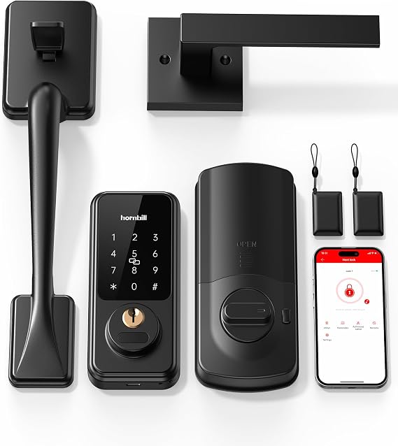 Smart Keyless Entry Door Lock with Handle, Hornbill Front Door Lock Set, Keypad Code Deadbolt with Lever, Digital Touchscreen via Alexa/Bluetooth/Keyfob/Key