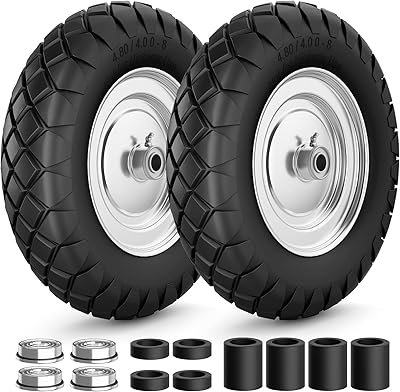 4.804.00-8 Flat Free Wheelbarrow Tire and Wheel, 16 Solid Puncture Proof Replacement Tires with 58 & 34 Bearings, 400Lbs Load, Universal Fit for Garden, Farm & Construction, 2Pack Silver