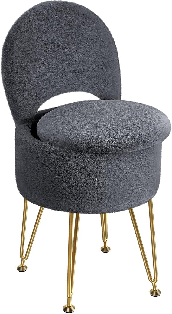 GREENSTELL Vanity Stool Chair with Storage and Folding Back, 15.7" x 15.7" x 19.5" Faux Fur Soft Ottoman for Adults, 4 Metal Legs with Anti-Slip Feet, Furry Padded Seat for Makeup, Bedroom, Grey
