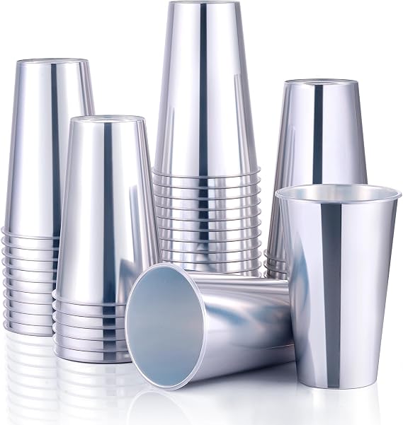 KesaPlan 50PCS Silver Plastic Cups, 16oz Disposable Plastic Tumblers for Party, Fancy Mirorred Silver Cups Bulk for Hot Cold Drinks, Disposable Drinking Glasses for Wedding Birthday Holiday Events