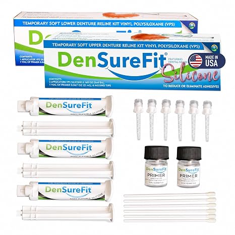 DenSureFit Upper & Lower Denture Reline Kit, Soft Silicone Liner | Soft silicone liner for upper and lower dentures; helps improve fit, cushioning and comfort without daily adhesive creams.