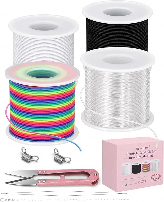 ZUSHALLMY Bracelet String Kit, 4 Rolls 1mm Elastic Cord, 660 FT Total