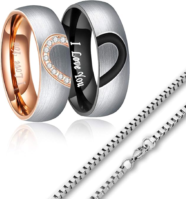 Valentine's Day Gift,6mm Heart Matching Couple Rings for him and her Stainless Steel Wedding Engagement Bands Sets Promise Rings for Couples, Engraved I Love You with Box Chain Anniversary Birthday