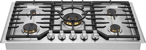ROBAM 36 Inch Gas Cooktop 5 Burner Stove, 57,000 BTU Kitchen Countertop Cooker with 20,000 BTU Wok Burner, Brass Burners, Flame Failure Protection, Fuel-Powered Indoor Gas Cooktop, NG/LPG Convertible