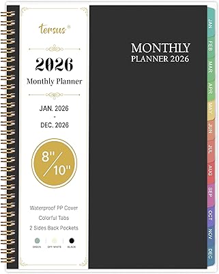 2026 Monthly Planner - Monthly Calendar 2026, 8 x 10, PP Cover, Colorful 12 Months Tabs, JAN 2026-DEC 2026, 2025 Planner with 2-Sides Pockets - Black