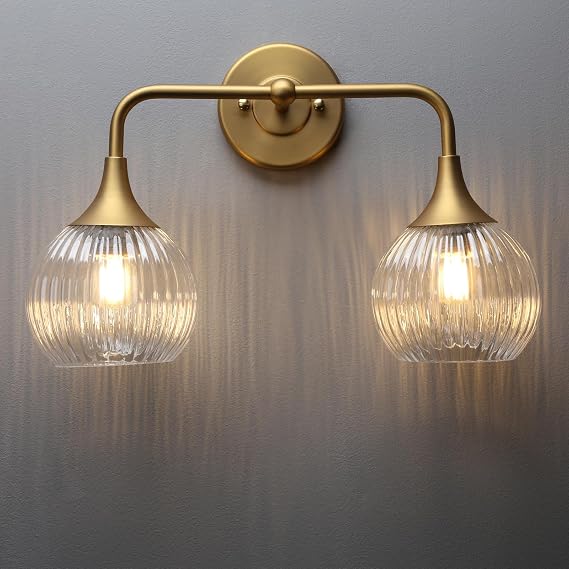 PERMO Wall Sconce Vintage Vanity Light Antique 2 Lights Sconce with Clear Ribbed Globe Glass Shade Antique Brass Gold Double Sconces for Bathroom