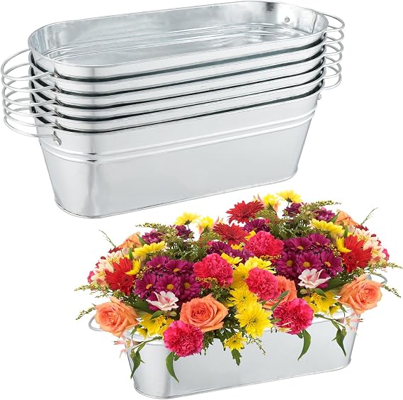 6 Pack Galvanized Planters for Outdoor Plants Galvanized Oval Planters Tub Galvanized Buckets with Handles & Drainage Holes Metal Pail Flower Pot for Herbs, Succulents, Wedding or Tabletop Decor