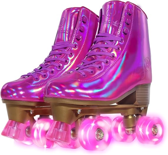 JajaHoho Roller Skates for Women, Magenta Holographic High Top PU Leather Rollerskates, Shiny Double-Row Four Barbie Pink Fushcia Wheels Quad Skates for Girls and Age 8-50 Indoor Outdoor (Plum)