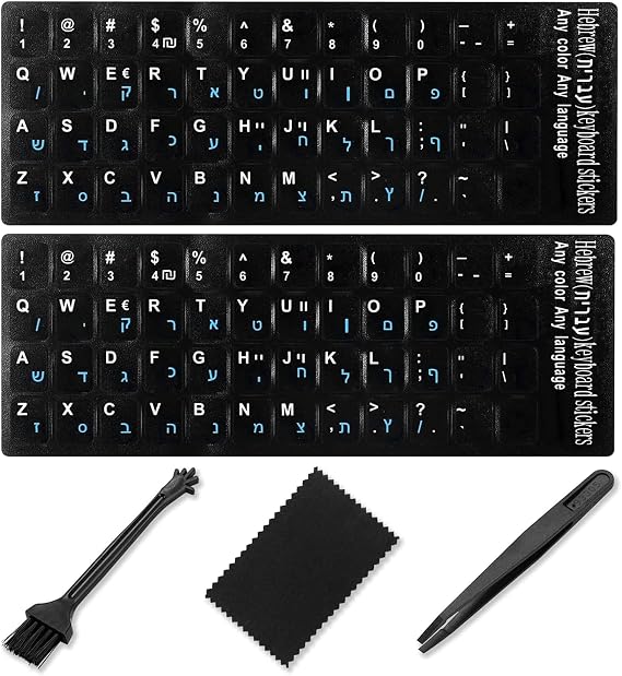 Hebrew Keyboard Stickers[5 in 1],Hebrew Keyboard Letter Replacement Sticker Blue Letter/Black Background,Matte Vinyl Alphabet Keyboard Sticker for Computer Laptop Notebook Desktop