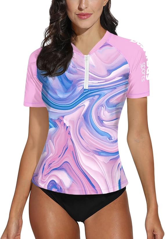 BesserBay Womens Rash Guard UPF 50+ Zip Short Sleeve Quick Dry Swim Shirt Swimsuit Tops