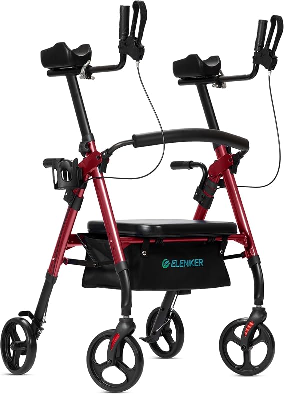 ELENKER Heavy Duty Upright Rollator Walker with Extra Wide Padded Seat and Backrest, Bariatric Stand Up Rolling Walker, Fully Adjustment Frame for Seniors, Red