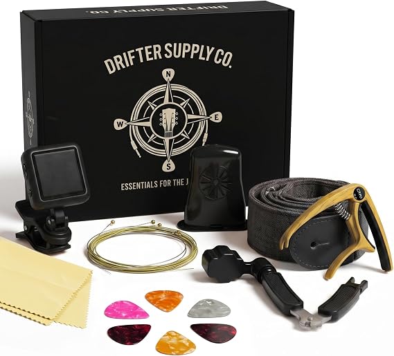 Acoustic Guitar Accessories Kit Complete Starter Bundle with USB Rechargeable Tuner, Capo, Denim Strap, Strings, Picks, Winder & Humidifier | Guitar Gift for Beginners | Drifter Supply Co.
