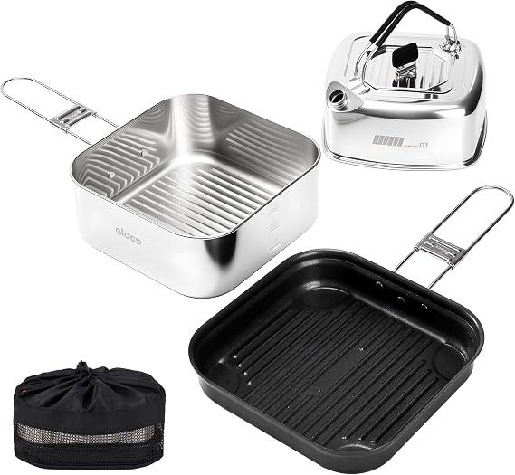 ALOCS Camping Cookware Set, Stainless Steel Pot, 7-inch Non-Stick Pan, Portable Kettle, Outdoor Cooking System with Carry Bag for Kitchen, Picnic, Hiking, Backpacking,Fishing and Campfire