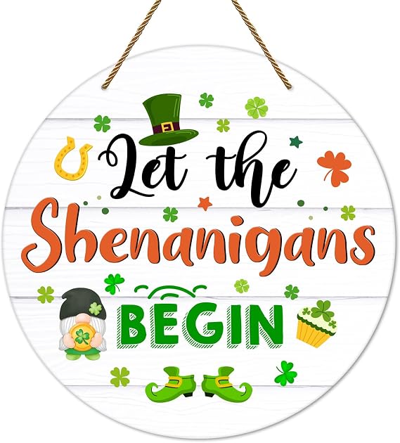 St Patricks Day Door Decorations Let the Shenanigans Begin Door Sign Shamrock Wreath Hanging Sign for Front Door Farmhouse St Patricks Day Door Hanger for Home Party Porch Wall Indoor Decor