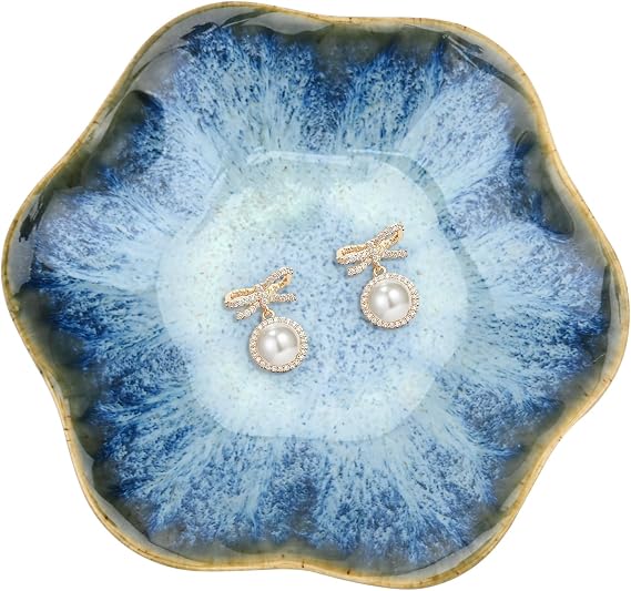 Ceramic Jewelry Dish, Decorative trinket Tray, Small Ring dish, Trinket Key tray, Jewelry Plate, Key Bowl, Ceramic trinket dish Gift for Women and Girls (Blue)