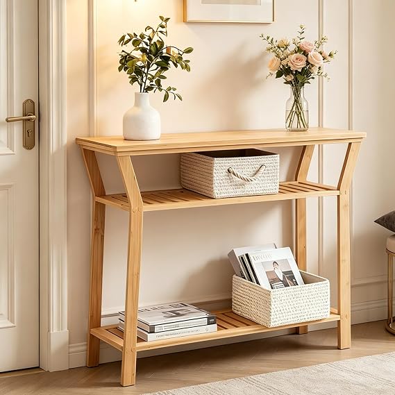 Nnewvante Bamboo Console Table, 38.6" Entryway Table with Storage | Display Table, Narrow Sofa Table for Entryway, Living Room, Foyer