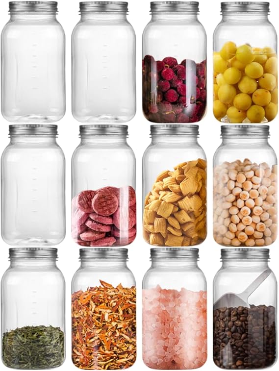 32 OZ Mason Jars 12 Pack Clear Plastic Storage Containers | Durable,Good Sealing,Easy Use,Sturdy,Plastic,Portable,Clear,See Through