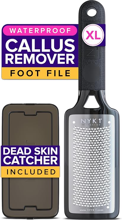 NYK1 RUSTPROOF Foot File Callus Remover for Feet with Catcher | XL Size | MegaFile Hard Skin Remover Foot Scraper for Wet and Dry Use - Non-Slip Textured Grip for Smooth, Soft & Callus-Free Feet