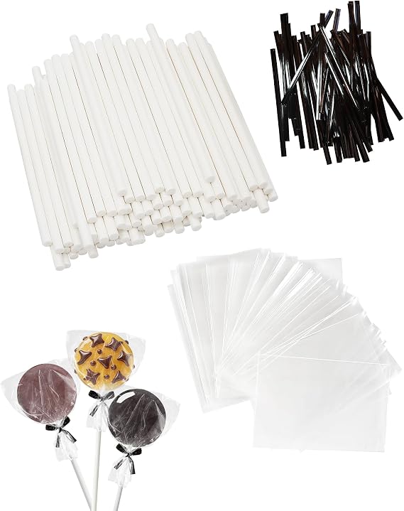 4-inch White Lollipop Sticks and Bags Set, 100Pcs Paper Candy Sticks,100Pcs Clear Bags, 100Pcs Twist Ties for Hard Candy, Chocolate, Cookie, Dessert (Black)