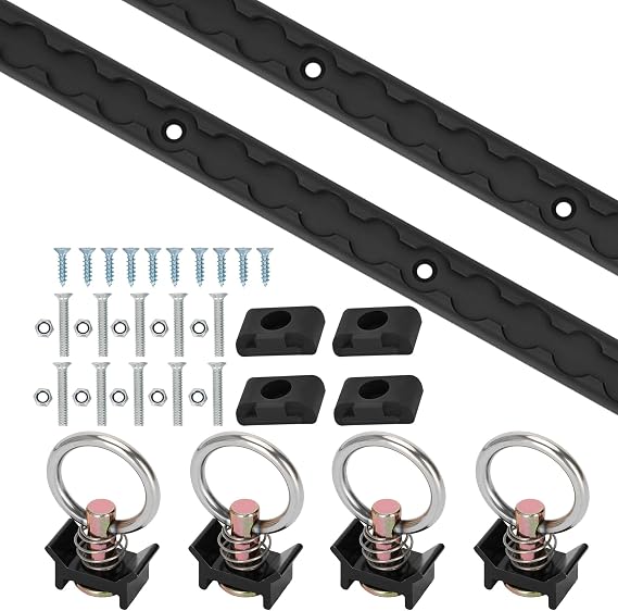 Upgraded 4ft 2pcs Aluminum L-Track, 48" L Track Rail and (4) Black Single Stud O-Ring Fittings and Two Types of Mounting Screws, L Track Tie Down System, Truck Bed Rail System for Trailers,etc