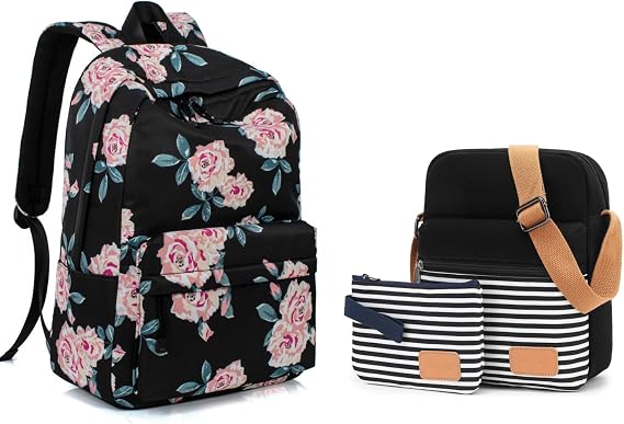 Leaper Fashion Water Resistant Laptop Backpack Messenger Bag Crossbody Purse Set Stripe Black