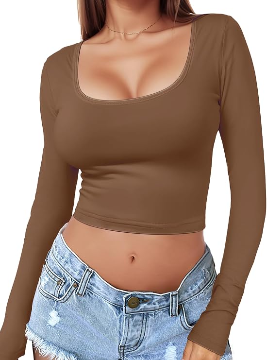 Women's Square Neck Long Sleeve Crop Top Y2K Shirt Sexy Slim Fitted Casual Base Layer Soft Workout Shirt Going Out Tops