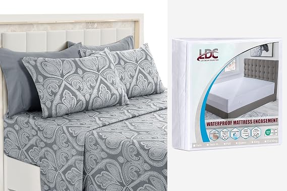 LDC 6 Piece Full Navy Paisley Bedsheet Set + Waterproof Full Mattress Encasement