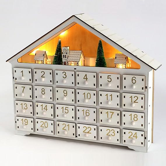 Advent Calendar 2025 Christmas Wooden Christmas Advent Calendar 2024 With Tree Built In LED Light Countdown To With 24 Storage Drawers White (White, 41. 5X33. 6X8. 5CM)