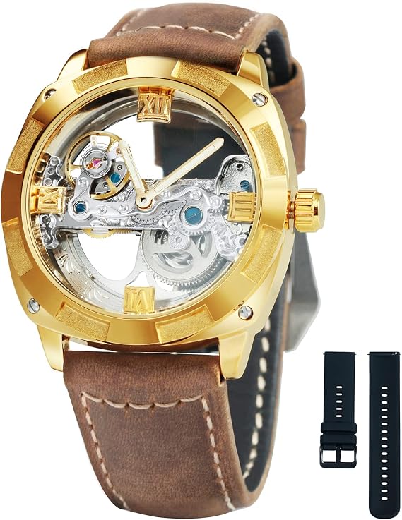 Men's Golden Bridge Skeleton Watch Automatic Mechanical Waterproof Calf Leather Strap Gold Skeleton Watch Mechanical