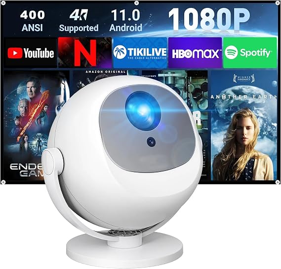 [Built-in app and Auto Focus] Smart Projector, 4K Support Mini Portable Projector with 360° Rotatable, 12000 Lumens, WiFi & Bluetooth, LCD Display, 1920x1080 Resolution ceiling projector