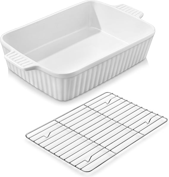 MALACASA Rectangular Ceramic Lasagne Dish with Roasting Rack, 4.4QT, White