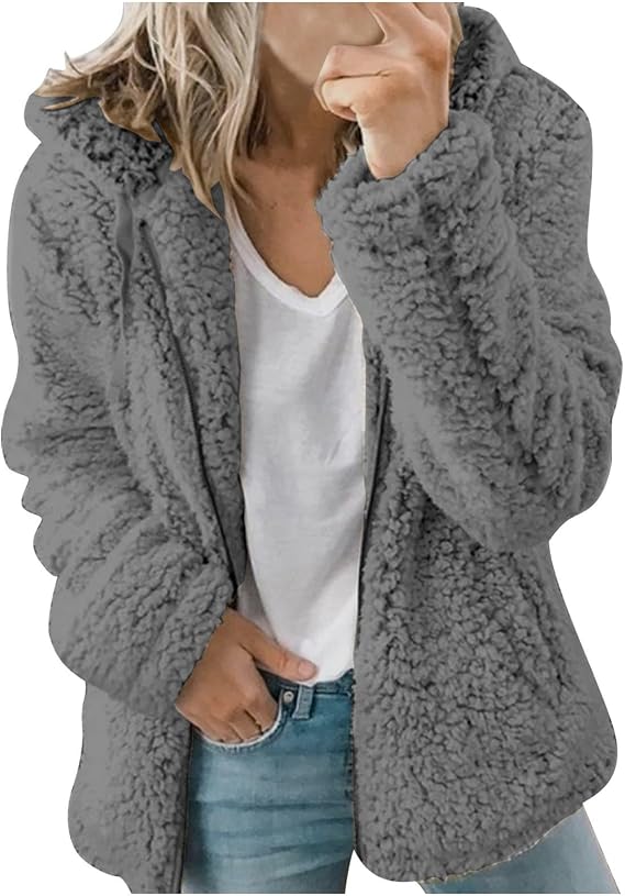 Sherpa Fleece Jackets For Women Warm Oversized Long Sleeve Hooded Lounge Outdoor Fall Winter Coat With Pockets