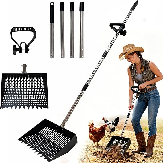Chicken Poop Scooper 2-in-1 Large Metal Chicken Coop Rake and Scoop with Adjustable Handle Multifunctional Sifting Shovel for Farm, Animal Litter, Beach, Sand, Snow