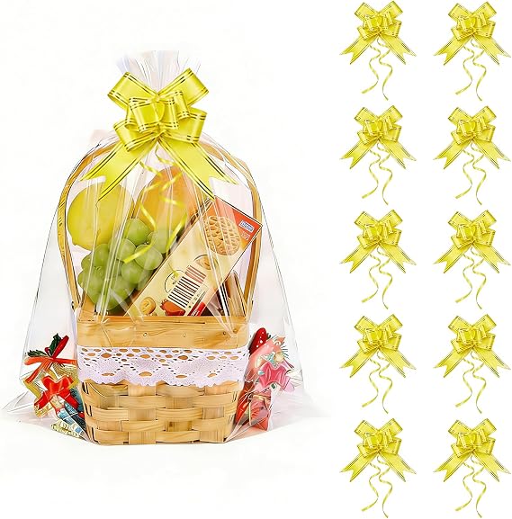 8Pcs Extra Large Clear Cellophane Bags (90×140cm) with 10 Yellow Pull Bows, Wrapping Paper for Gift Baskets Hamper Kit,Gift Bags for Present
