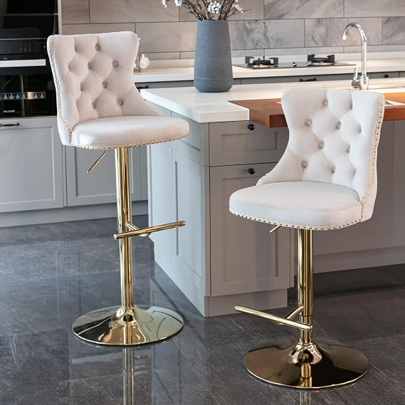 Luxury Velvet Bar Stools Set of 2 Swivel Kitchen Breakfast BarStool Adjusatble Height Bar Chairs for Counter with Golden Base (2, Beige Gold)
