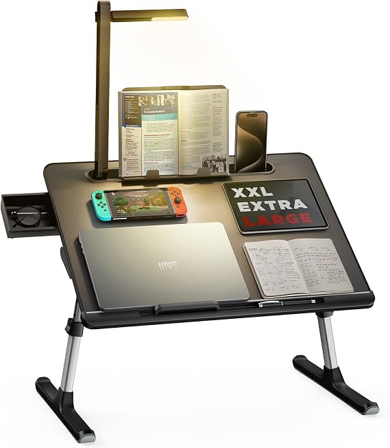 LED Masa Işıklı Dizüstü Bilgisayar Yatak Tepsisi Masası, SAIJI Ayarlanabilir Dizüstü Bilgisayar Standı, XXL PVC Deri Katlanabilir Masa, Kitap Standlı, Bilek Dayanağı, Ekstra Bacak Odası (Siyah)