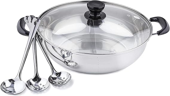 TAYAMA Stainless Steel Hot Pot With Divider, Silver, 11 inch
