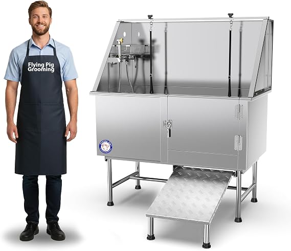Flying Pig 50" Stainless Steel Pet Dog Grooming Bath Tub with Walk-in Ramp & Accessories (Right Door/Left Drain)