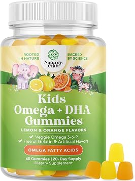 Kids DHA Omega 3 Gummies - Fatty Acids Omega 3 6 9 for Brain, Immune Strength & Vision - Nutritional DHA for Kids for Healthy Nervous System & Focus Support - Fish Free, Vegan & Non-GMO - 60 Chews