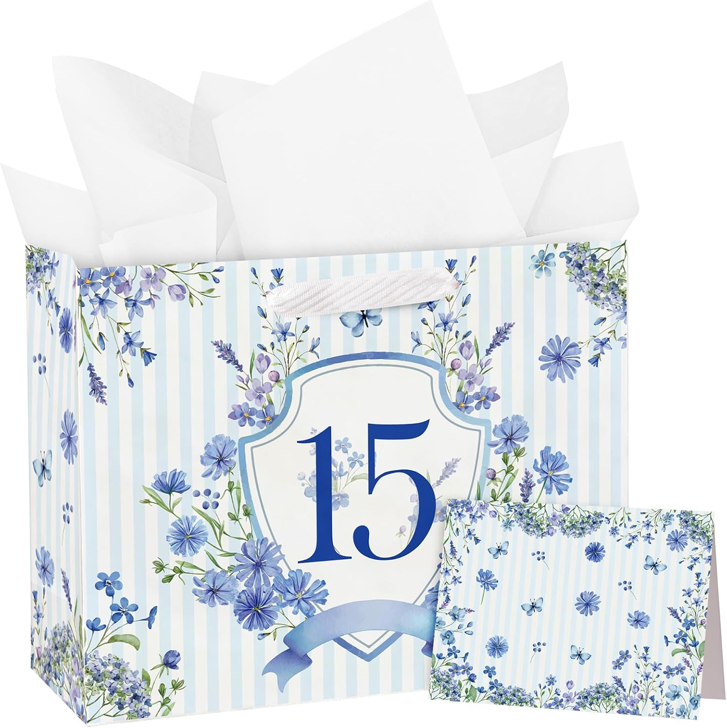 Loveinside 13" Large 15th Birthday Gift Bag with Card and Tissue Paper - Blue Stripe Floral Badge Paper Bags for 15 Year Old Birthday and Keepsake Party