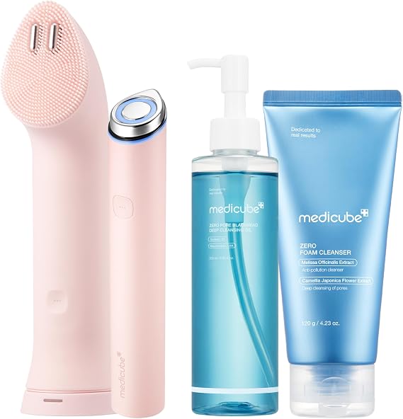 medicube Ultimate Double Cleansing Set: Mini Booster Pro Plus Cleansing Device Set (Pink), Zero Pore Blackhead Cleansing Oil and Zero Foam Cleanser
